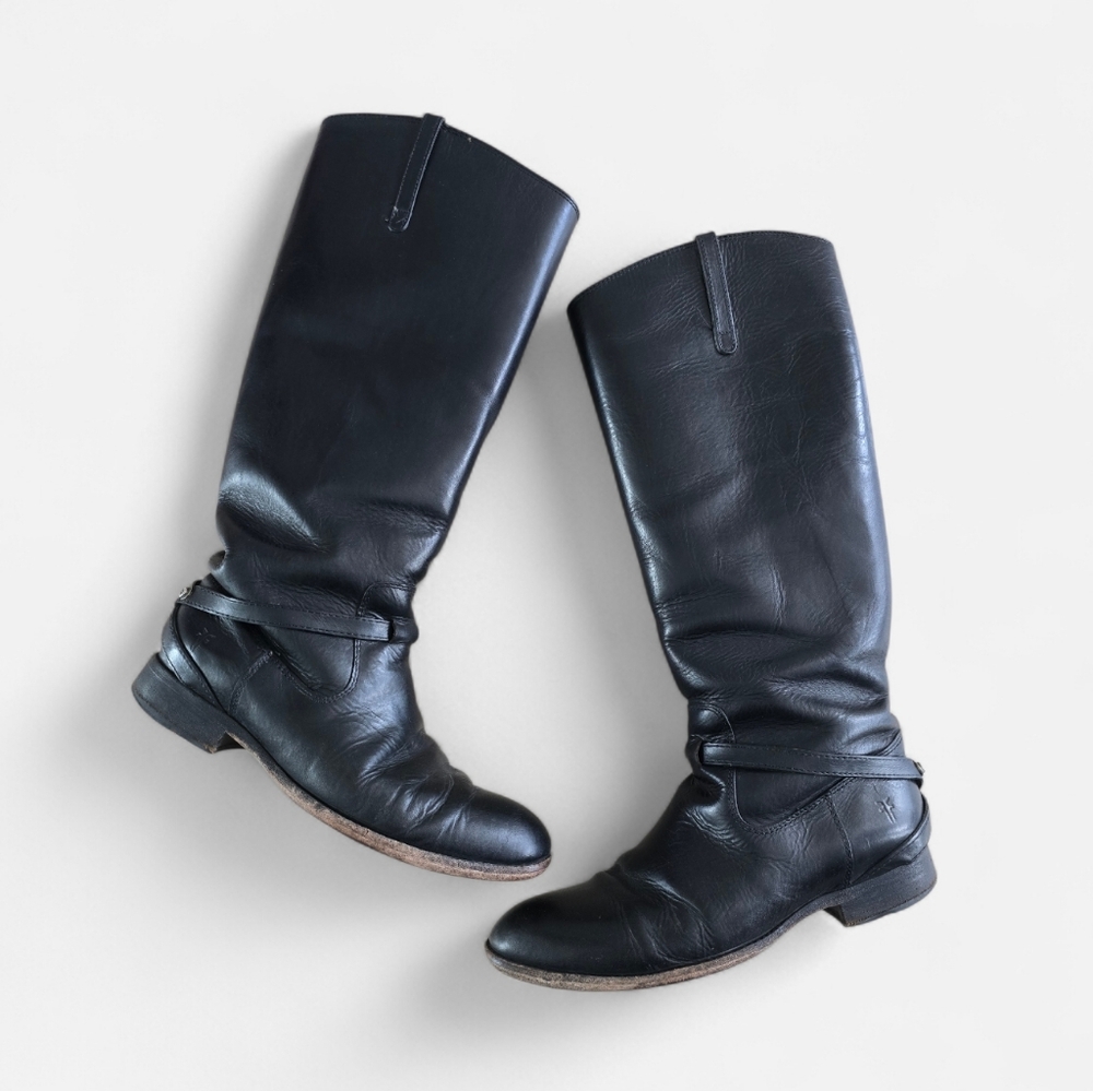 Frye Black Leather Harness Knee-High Boots